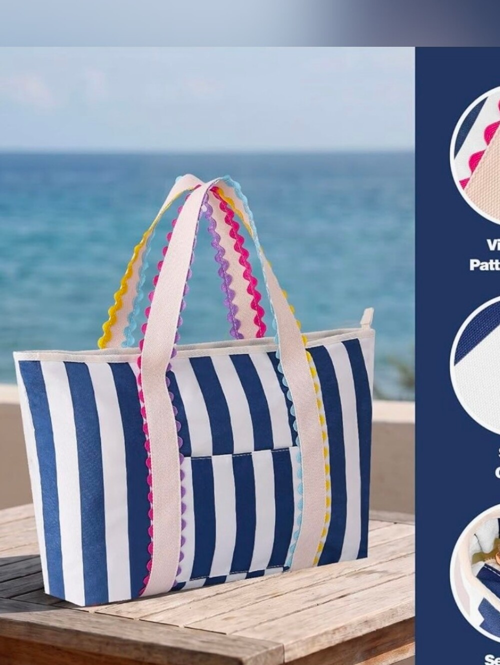 Blue & White Striped Durable Large Canvas Tote Bag W. Zipper | NEW WITH TAGS | - Picture 4 of 6
